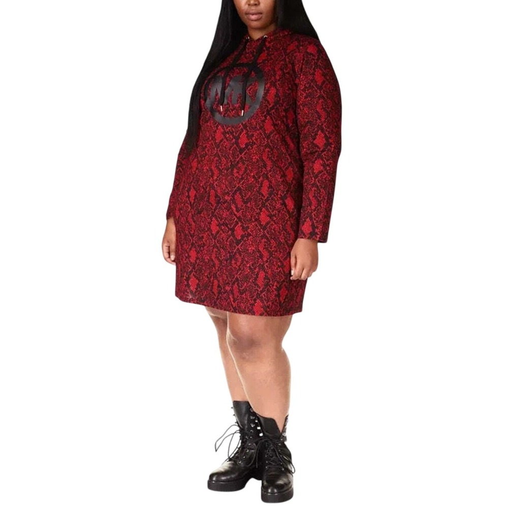 Michael Kors Red‎ Snakeskin Print Hooded Dress MK Logo Plus Size 1X New